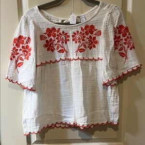 Old Navy White Cotton Crop Top with Red Floral Embroidery